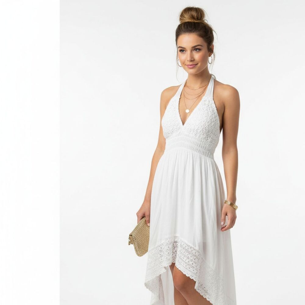 Sea Spice White Crochet Lace Asymmetric Sleeveless Halter Summer Midi Dress L